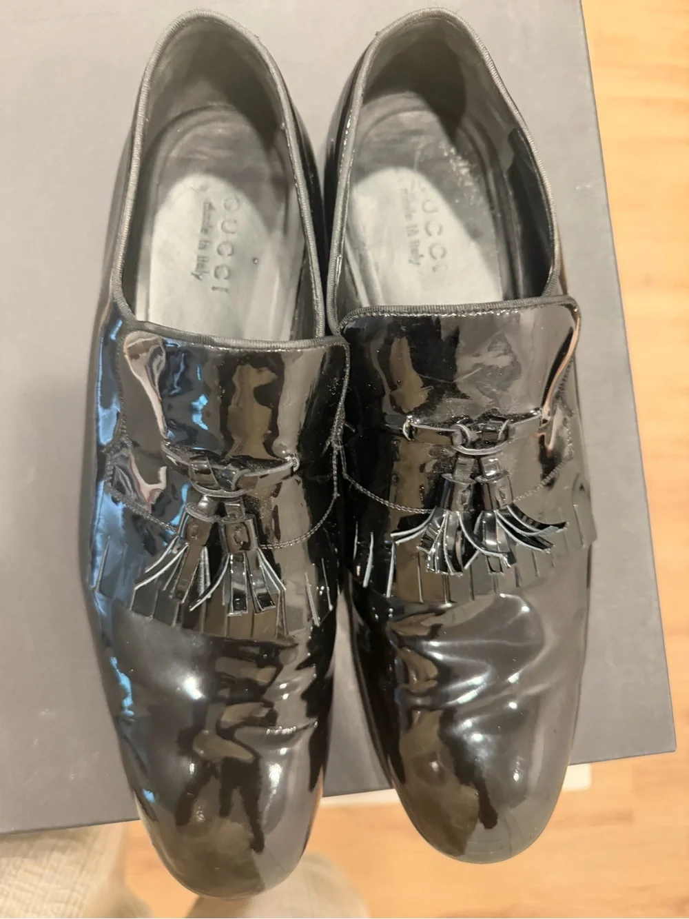 Gucci Black Patent Leather Tassel Fringe Loafers